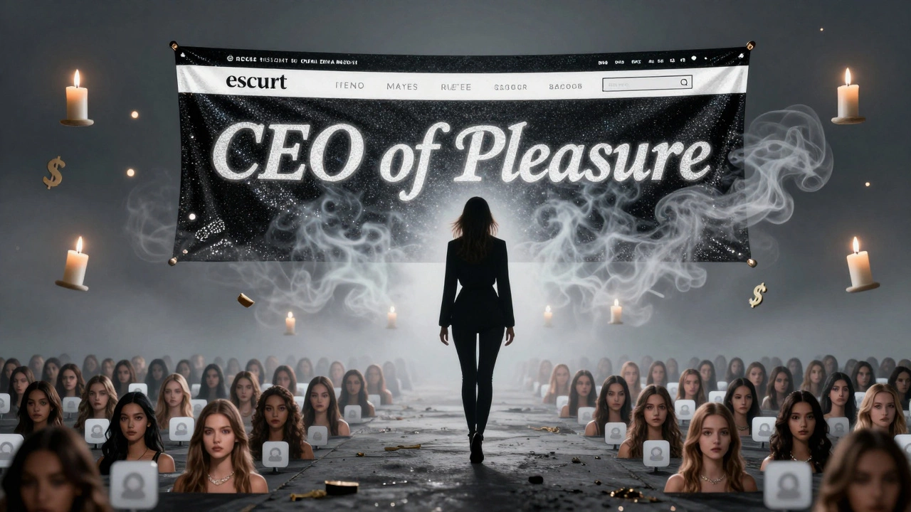 A silhouette walks from a floating &#039;CEO of Pleasure&#039; banner made of dissolving smoke, stepping on a pavement of countless social media profiles.