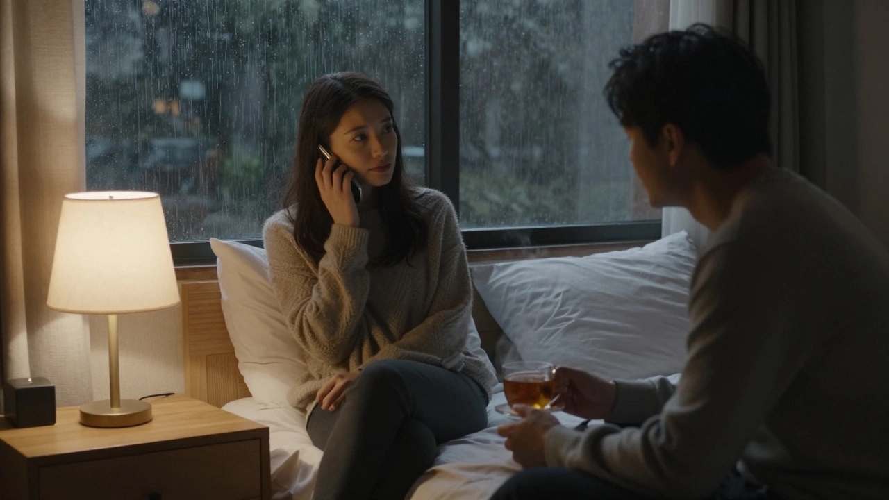 A woman listening attentively to a man in a softly lit hotel room at night.