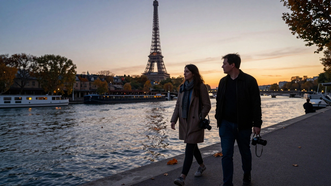 Two people walking side by side along the Seine at dusk, city lights reflecting on the water.